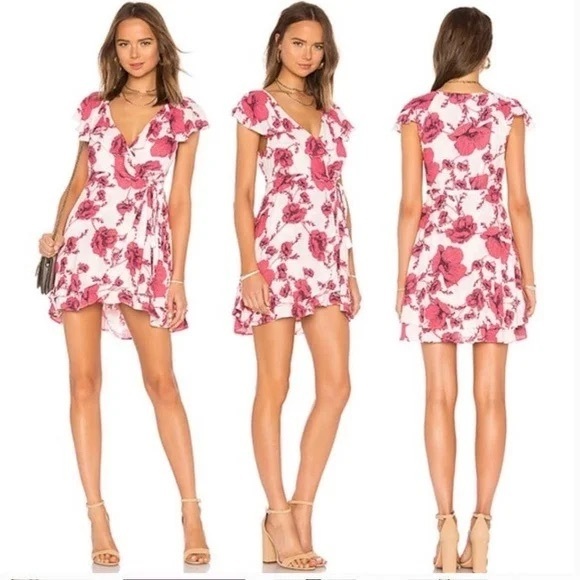 Free People Dresses & Skirts - Free People French Quarter Print Wrap Flutter Sleeve Minidress, Pink Cream Combo